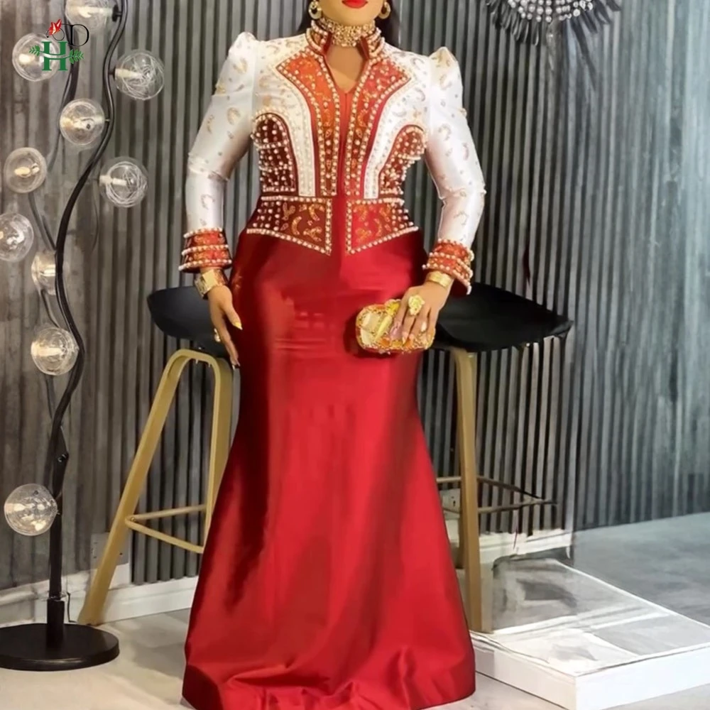 

H & D африканские платья для женщин, большие размеры, турецкое платье с воротником-стойкой, платье макси с русалкой, роскошная вечеринка, свадьба, Bubu, африканская одежда