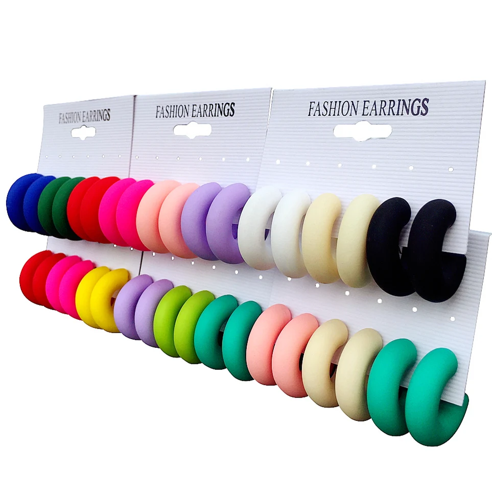 

New 3 Pair/Set Multicolour Circle Acrylic Hoop Earrings Korean Neon Matte C-Shape Geometric Earring Statement Jewelry for Women