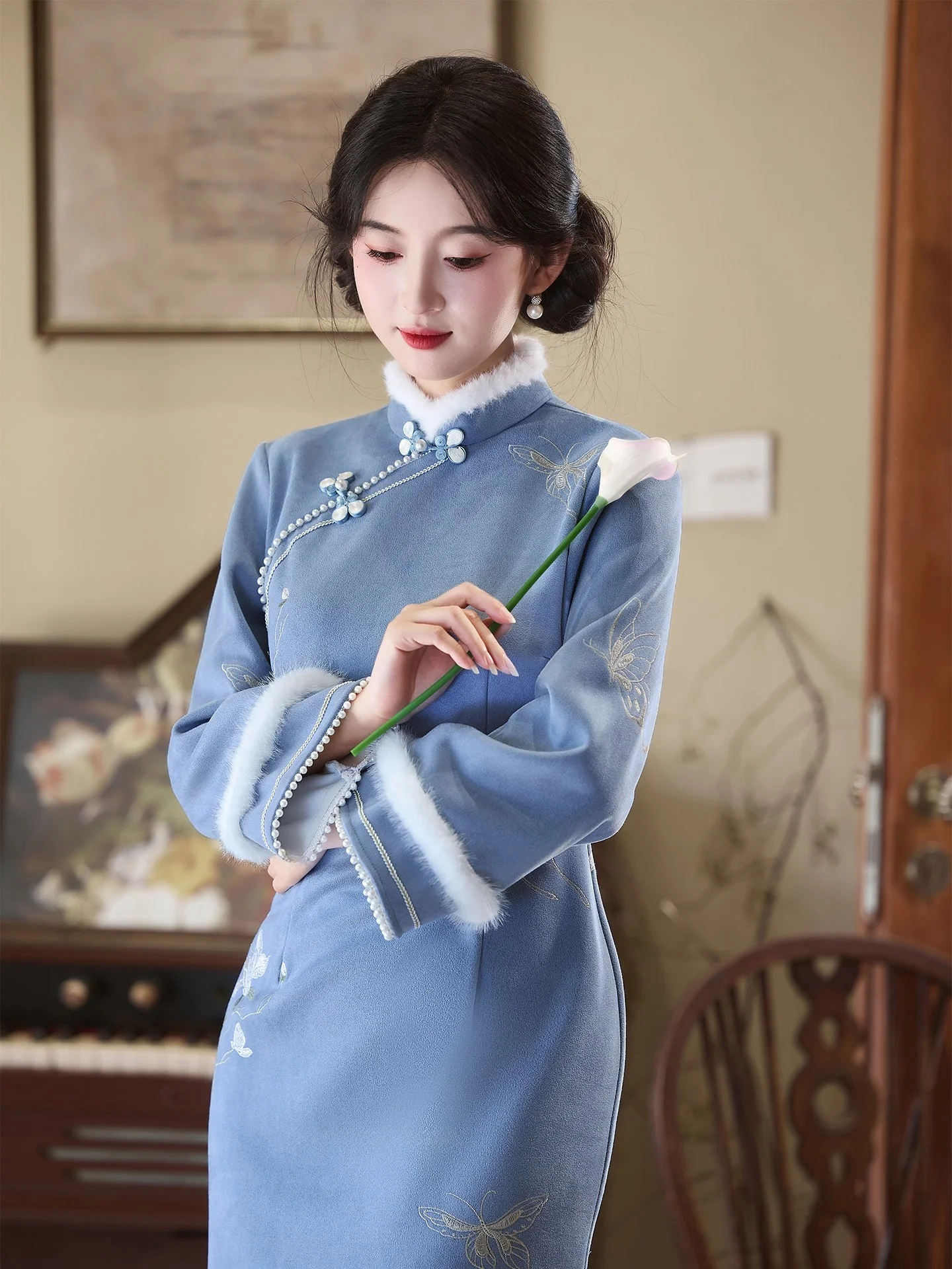 

Синяя утепленная плюшевая кофта с длинными рукавами для девочек, в китайском ретро-стиле, на каждый день, осень-зима, новинка