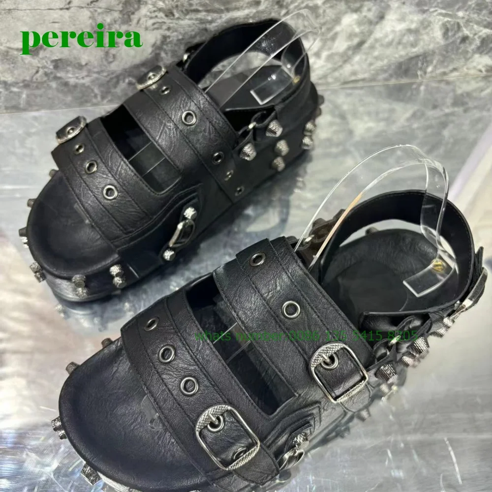 Studded Buckle Men's Sandals Slingback Black Genuine Leather Rivet Shoes Summer Men's Casual Sandals Open Toe Brand New