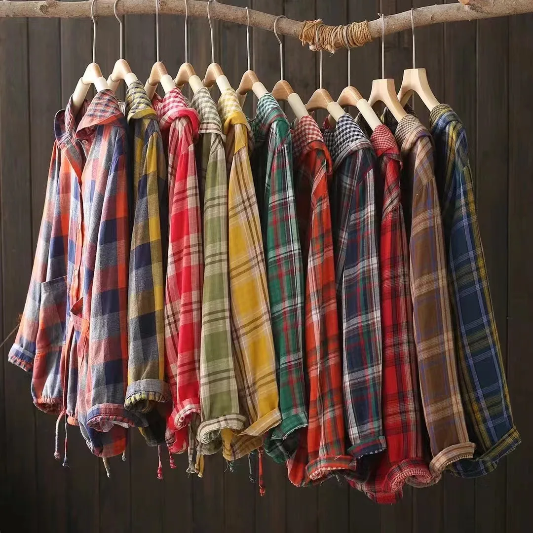 2026 Women's Plaid Hooded Shirt Jacket Cotton Yarn Shacket Casual Long Sleeve Drawstring Hem Oversized Plaid Shirt Coat
