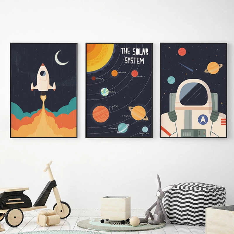 Astronaut Planet Space Rocket Solar System Children\'s Room Canvas Painting Wall Art Print Poster Nordic Nursery Decor Picture