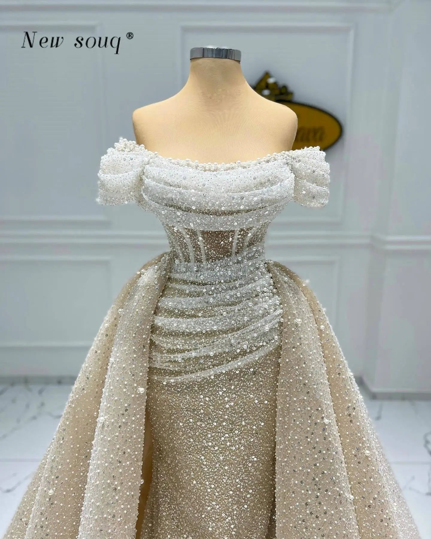 Champagne Sparkly Off Shoulder Sequins Evening Dresses with Detachable Train Pearls Formal Two Pieces Overskirt Party Gowns