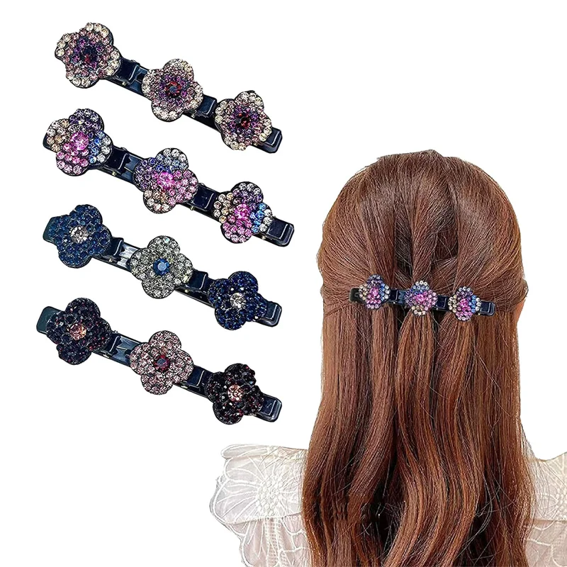 4 Pcs Sparkling Crystal Stone Hair Clips 3 Flower Diamonds Barrettes For Women Girls Sweet Rhinestones Braided Duckbill Hairpin