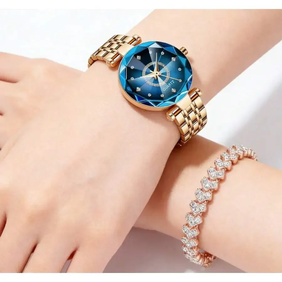 

Elegant Womens Watch And Bracelet Set With Faceted Blue Dial Crystal Accents Rose Gold Tone