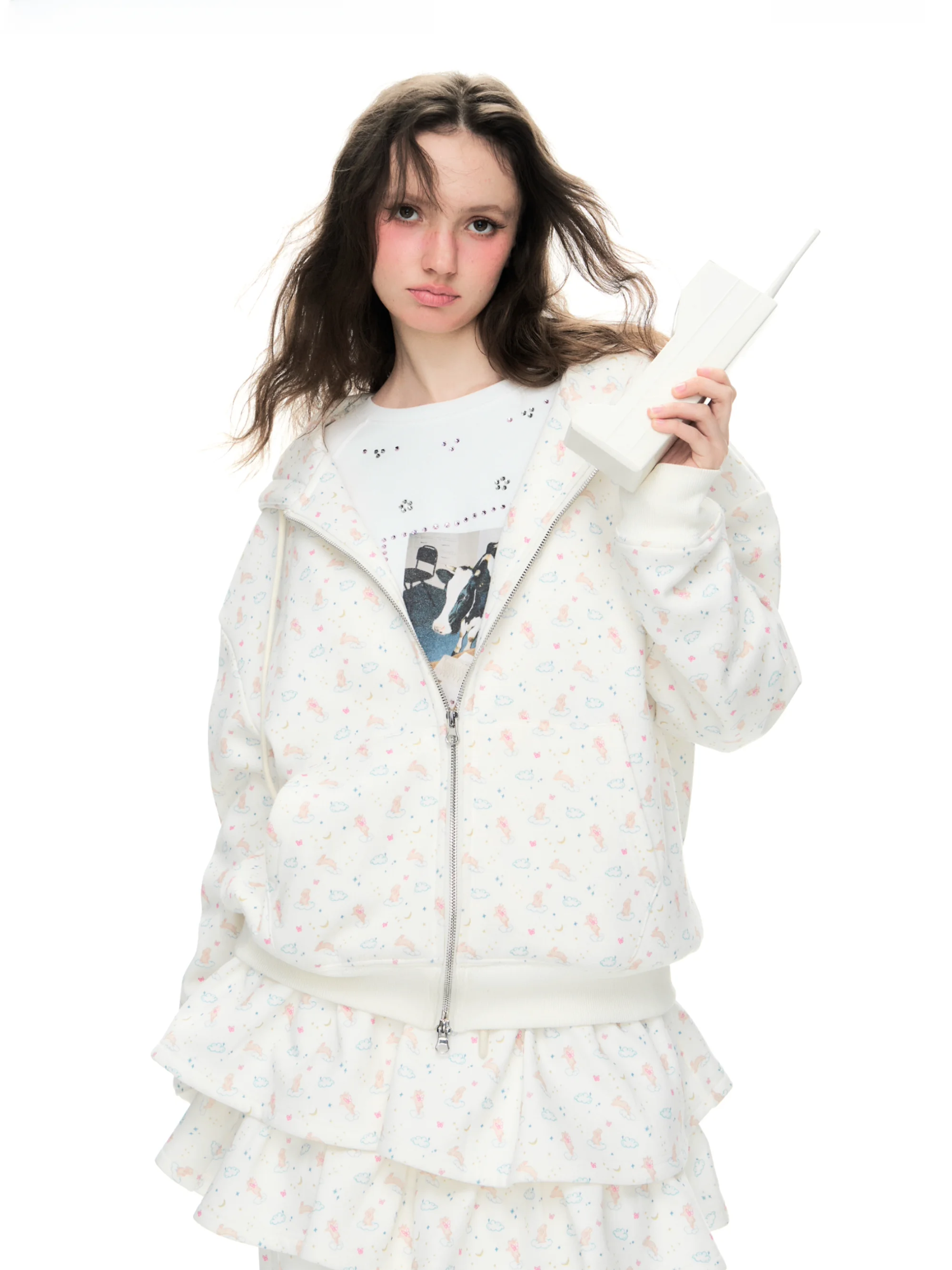 

Hand-Painted Angel Rabbit Sweatshirt Top And Pants Set Autumn Winter Fashion Ensemble for Women Cartoon Animal Print Zipper C...