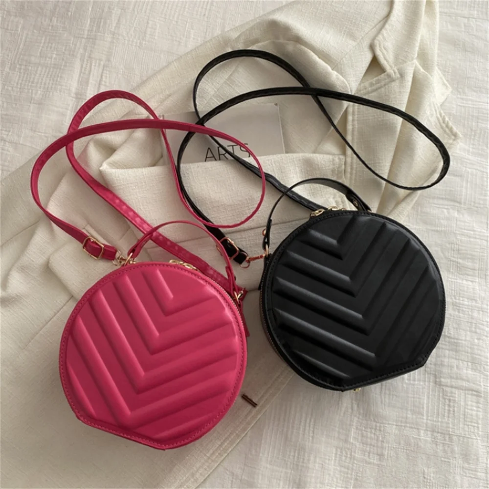 Fashion Round Shoulder Bag For Women Simple Mini Leisure Crossbody Bag Solid Color PU Leather Handbag Double Zipper Design Purse