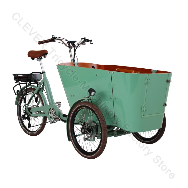 Family Cargo Bike 3 Wheel Steering Independent Curve Dutch Bike Green Wooden Box With Front Door