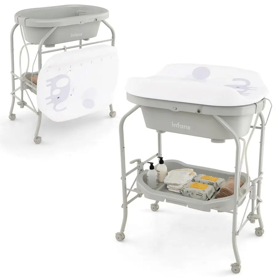 

2 in 1 Baby Changing Table with Bath Tub Unit, Folding Diaper Dresser Station with Wheels Waterproof Pad Storage Rack, Portable