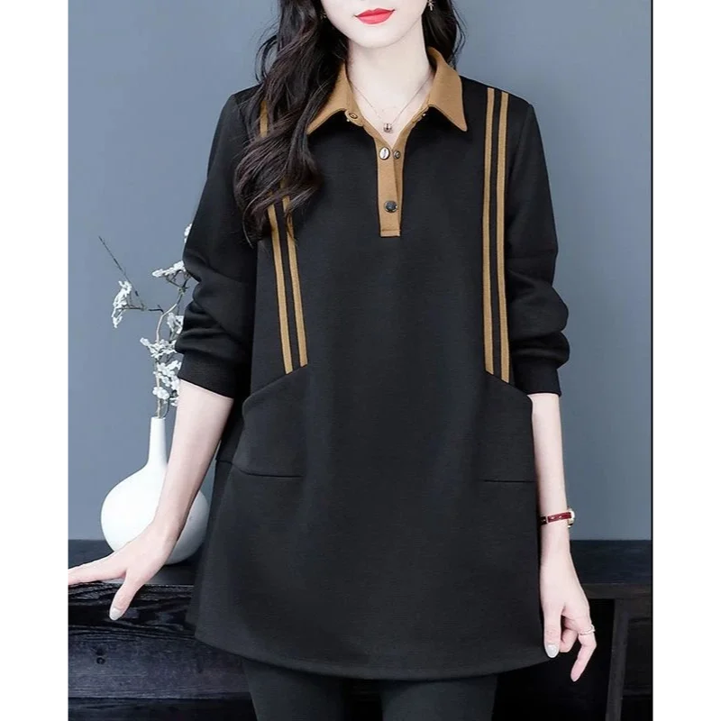 Damen-Kapuzenpullover, Frühling und Herbst, neue Mode, minimalistisch, elegant, langärmelig, Oberbekleidung, lockere Slim-Fit, Bauchversteckung, vielseitiges Revers-Top