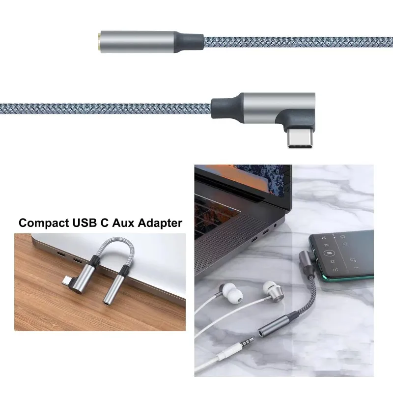 직각 USB C 나일론 브레이디드 케이블 타입 C에서 3.5MM 헤드폰 이어폰 여성용 오디오 잭 어댑터 변환 케이블
