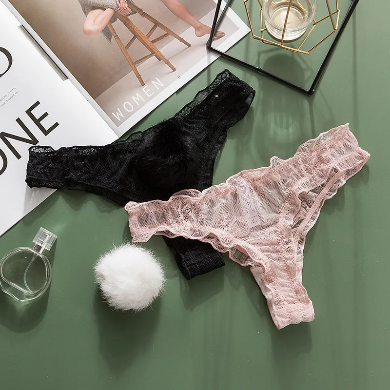 لطيف Pompom الكرة مثير المرأة ثونغ أرنب ذيل المثيرة الملابس الداخلية T-الظهر g-سلسلة الدانتيل شفافة الفتيات سراويل الراحة M L