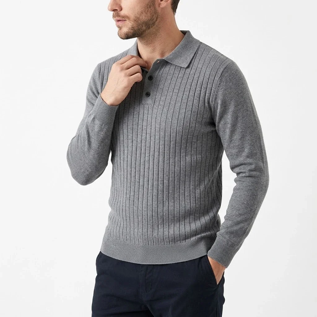 Mens Ribbed Polo Knit Sweater Long Sleeve Jumper Slim Fit Business Casual Winter Warm Thermal Polo Top Outerwear Knitted Apparel
