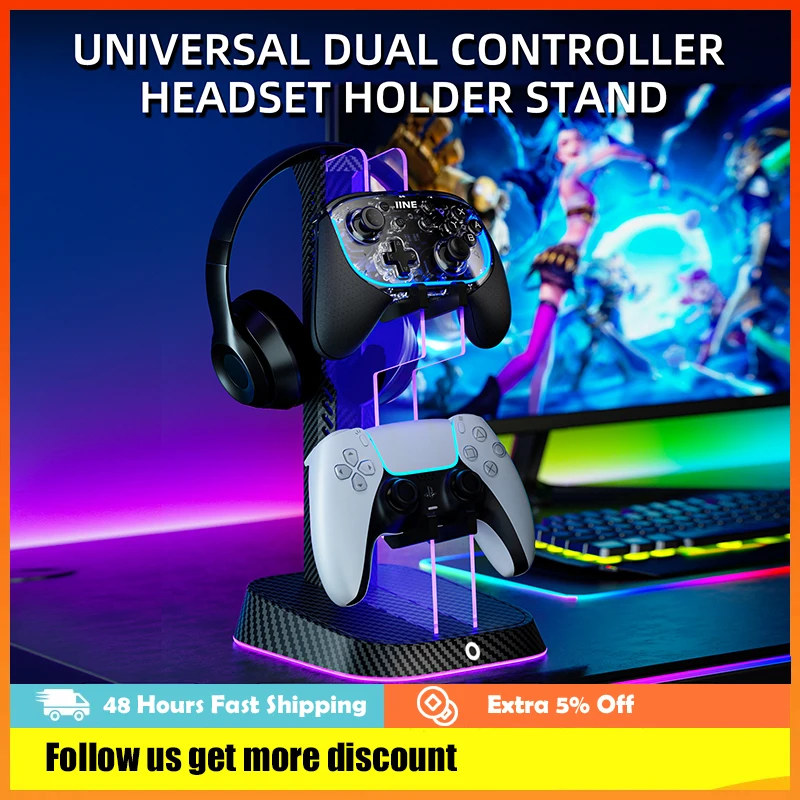 

IINE Universal Dual Controller Headset Holder Stand RGB lighting Stable And Anti-Slip Design For Pro Controller/Headset