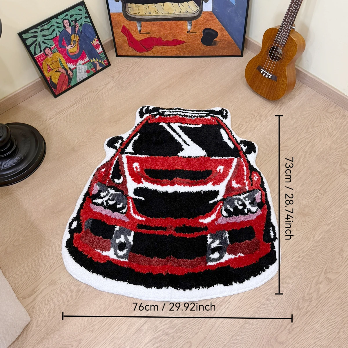 Red Racing Car Tufted Rug, Soft Fluffy Anti-Slip Sport Car Shaped Flocking Floor Mat for Bedroom Game Room JDM Style Home Decor