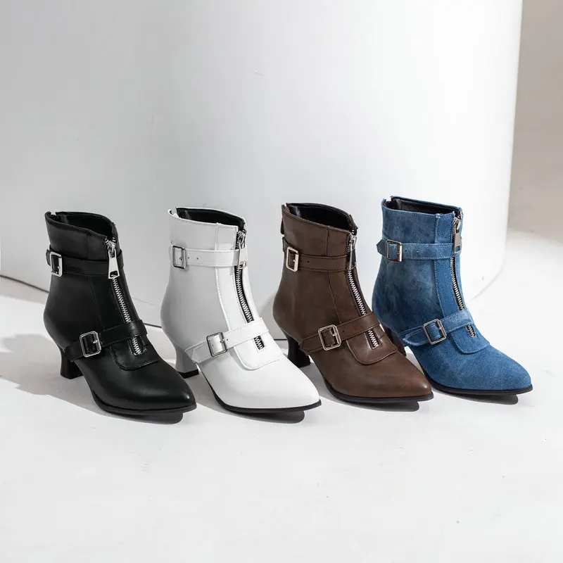 Extra Big Size 34-48 Demin Jeans Blue Brown Buckle Belt Design Mature Ladies Winter Pumps Shoes Kitten Heels Ankle Women Boots