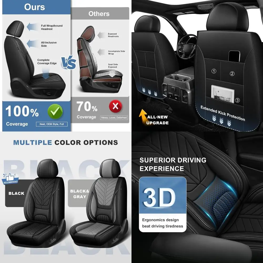 

2007-2026 Silverado & GMC Sierra 1500-3500HD Crew Cab Leather Seat Covers with Lumbar Support for 5 Seats, Black