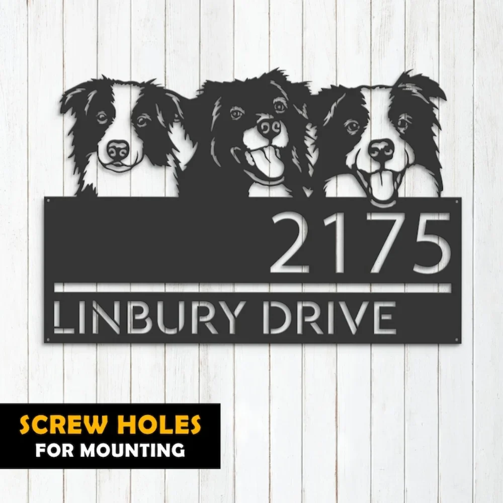 Personalized Peeking Dogs Border Collie Address Sign House Number Hanging Plaque Yard Outdoor Sign Garden Stake Adorable