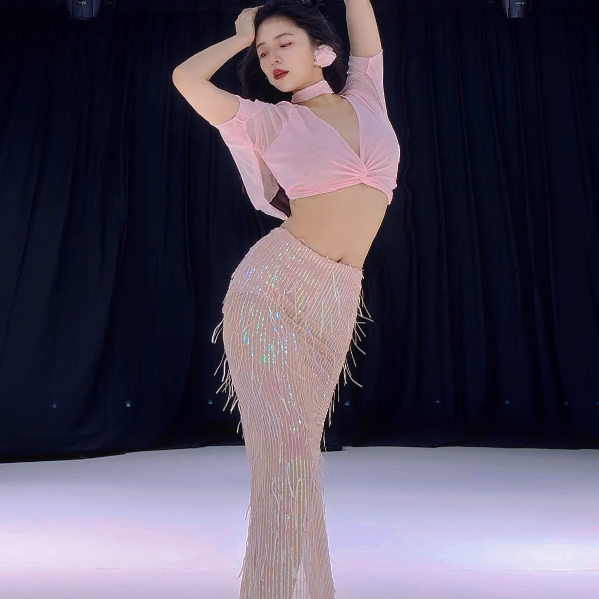 

Belly dancing practice set sexy V-neck long sleeved top+senior sequin fringe skirt 2pcs Oriental dance performance outfit