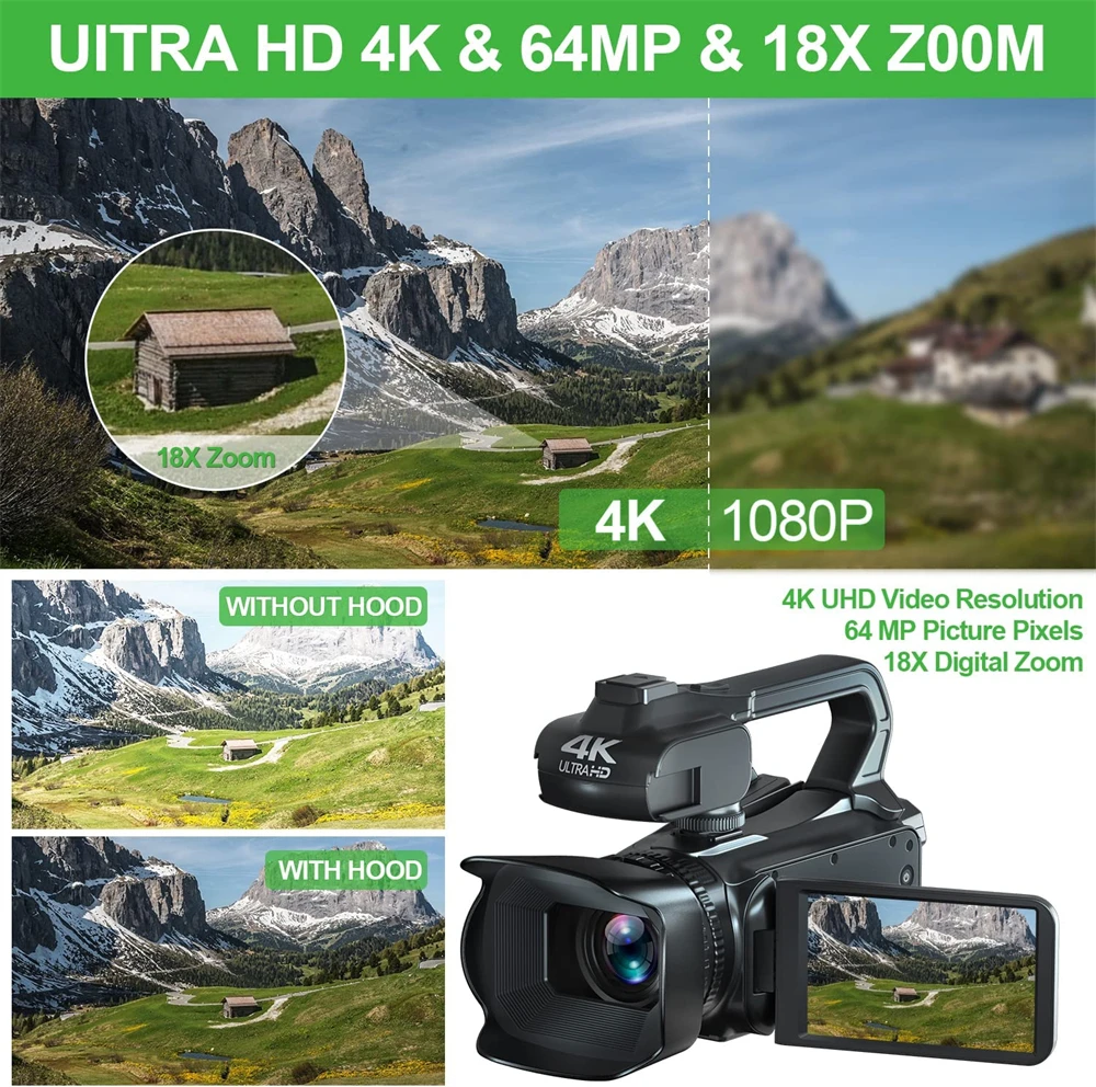 Видеокамера 64 МП Full 4K 60FPS Youtube, видеокамера для прямой трансляции, Wi-Fi Веб-камера 18X, автофокус, видеорегистратор, 4 "поворотный экран