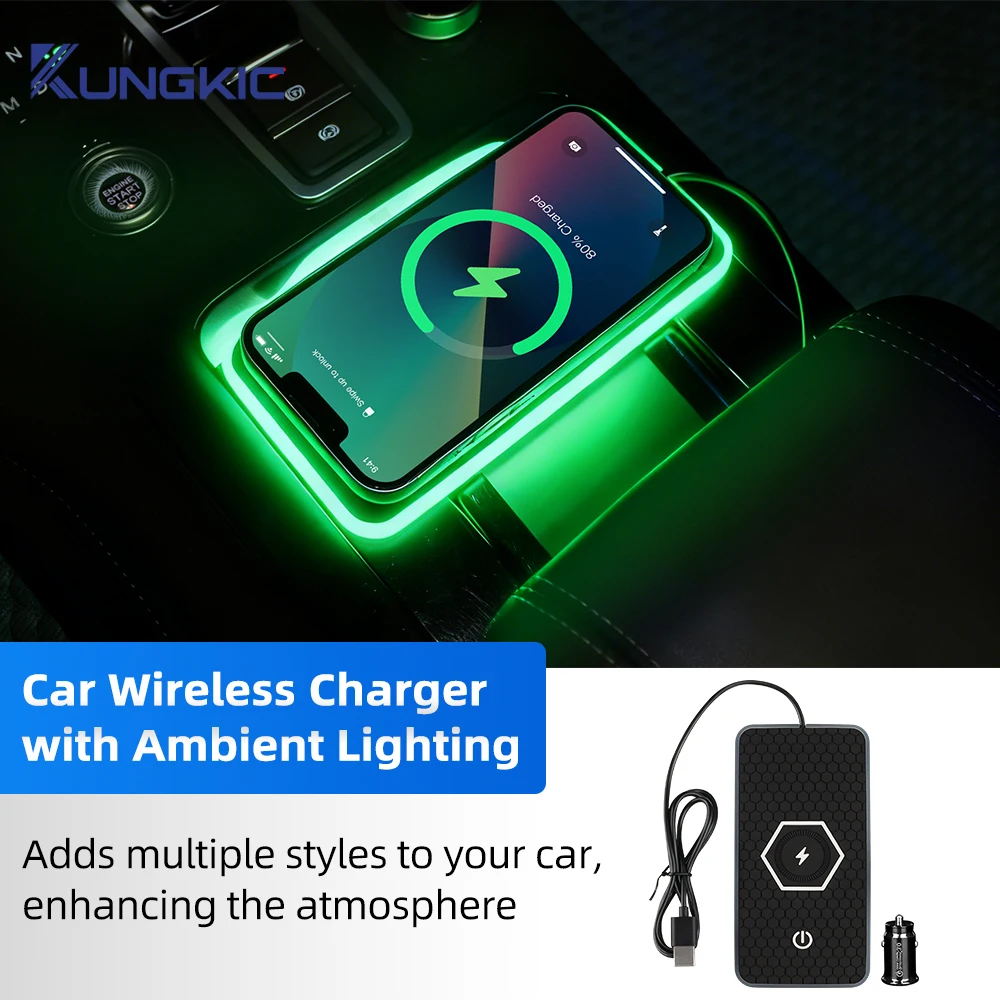 Fast Wireless Phone Charger Car Charging Pad with Non-Slip Base Dynamic Ambient Lights Universal Phone Cordless Charging Mat