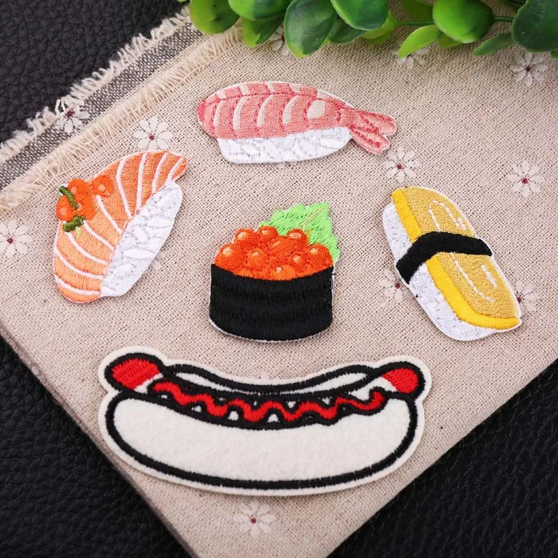 

Japanese Style Sushi Hot Dog Food Iron-on Sew Embroidered Badge Patches for DIY T-shirt Backpack Clothing Appliques Sticker