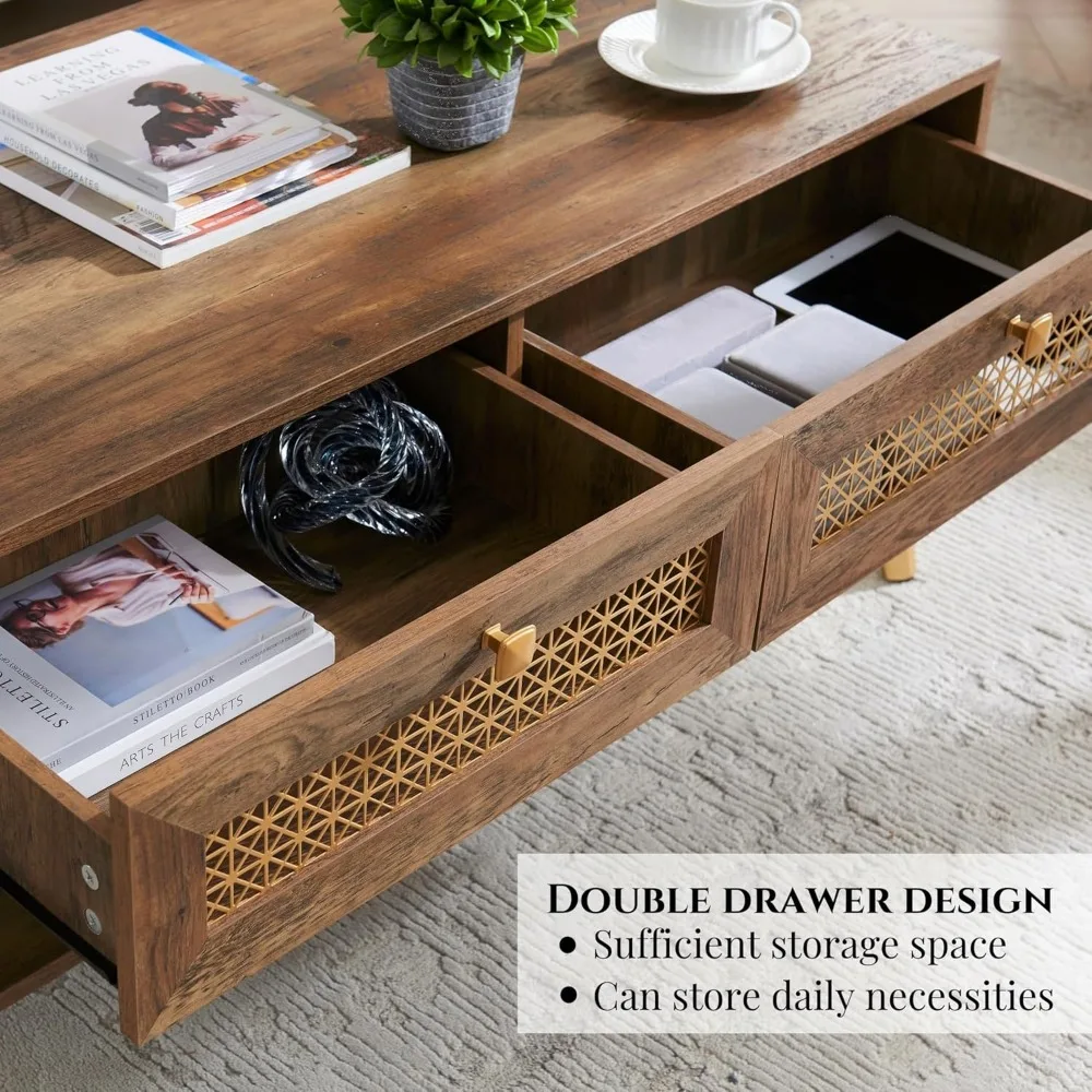 Mid Century Modern Coffee Table with Storage Drawers & Open Shelf, Solid Wooden Boho Rectangle Table with Metal Legs Designed fo