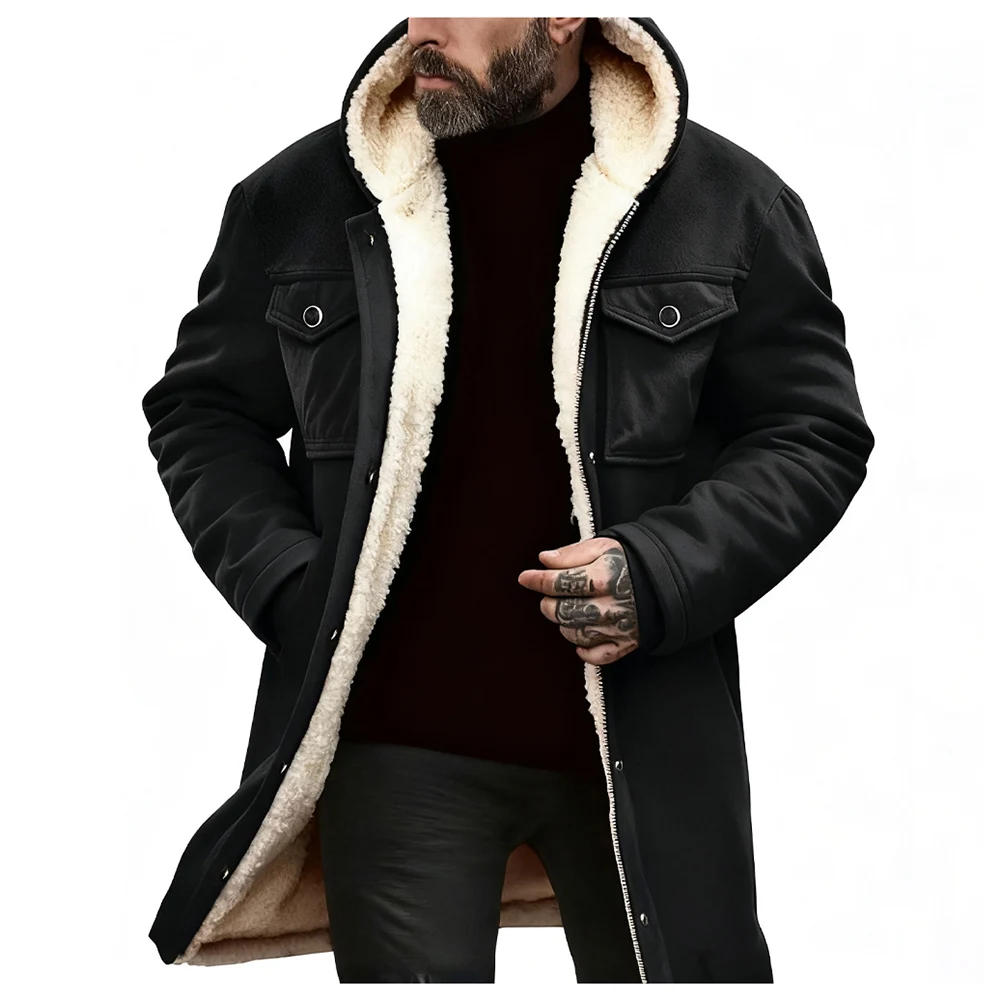 

Men Suede Plush Warm Jacket Hooded Long Sleeve Pockets Mid-length Coat Outerwear