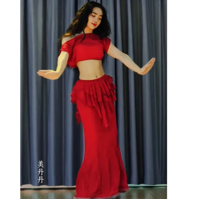 Customized New Belly Dance Set Performance Dress Class Clothes Sexy Temperament Practice Dress Red Beginner Bellydance Costumes