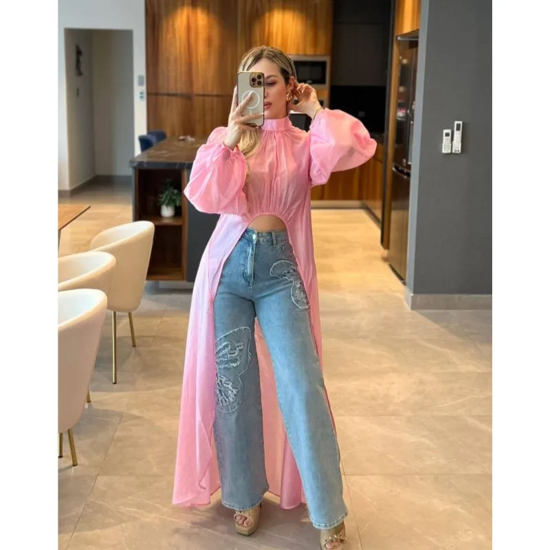 

2024 New Fashion Spring/Summer Top Thin Irregular Short Front Long Back Shirt Bubble Long Sleeve Translucent Women's Shirt Dress