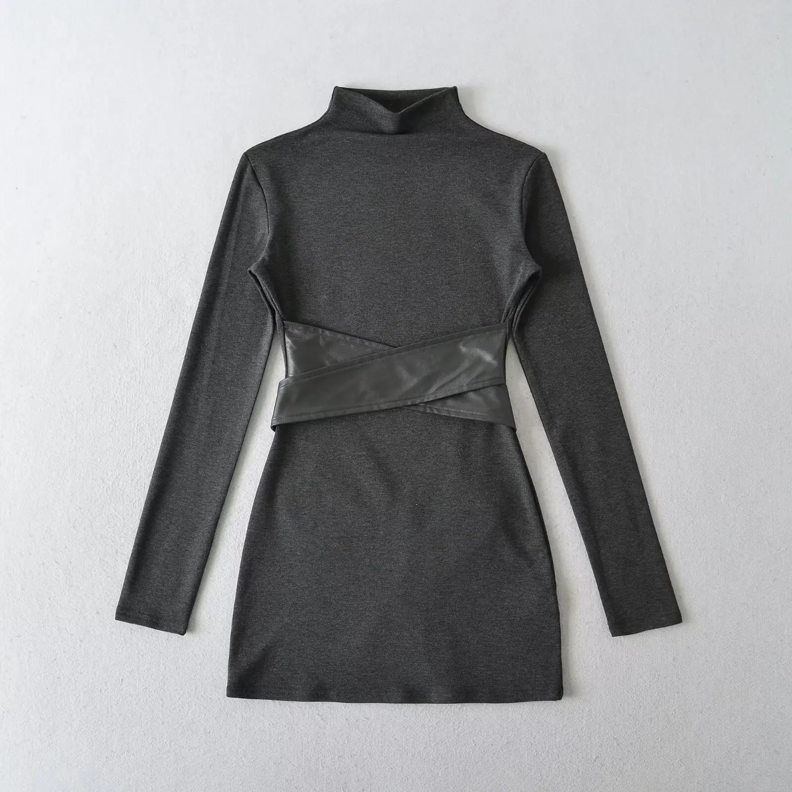 Autumn Winter Sexy Half High Collar Package Hips Long Sleeve Mini Dress Women Slim Leather Sashes Napping Bodycon Vestidos Black