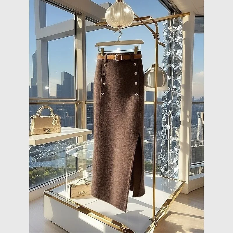 New Autumn Winter Woolen Skirt Women Fashion Irregular Double Breasted Split Wrapped Hip High Waist Elegant Skirts Midi Jupe