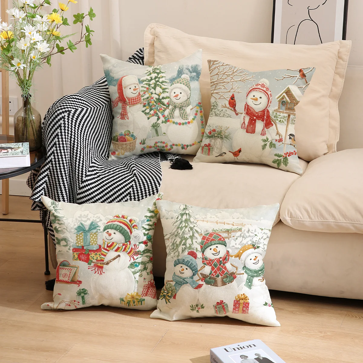4pcs Snowman & Snowflake Pattern Merry Christmas Pillowcases Home decoration pillowcase Christmas snowman cartoon printed pillow