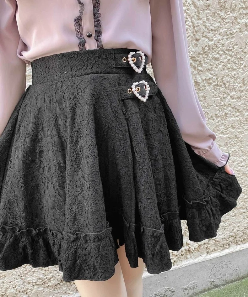 

Japanese Lovely Lace Flower Skirts Slim Waist Ball Gown Fungus Mujer Faldas Y2K All-match Minority Exquisite Hip Hop Moda Skirts