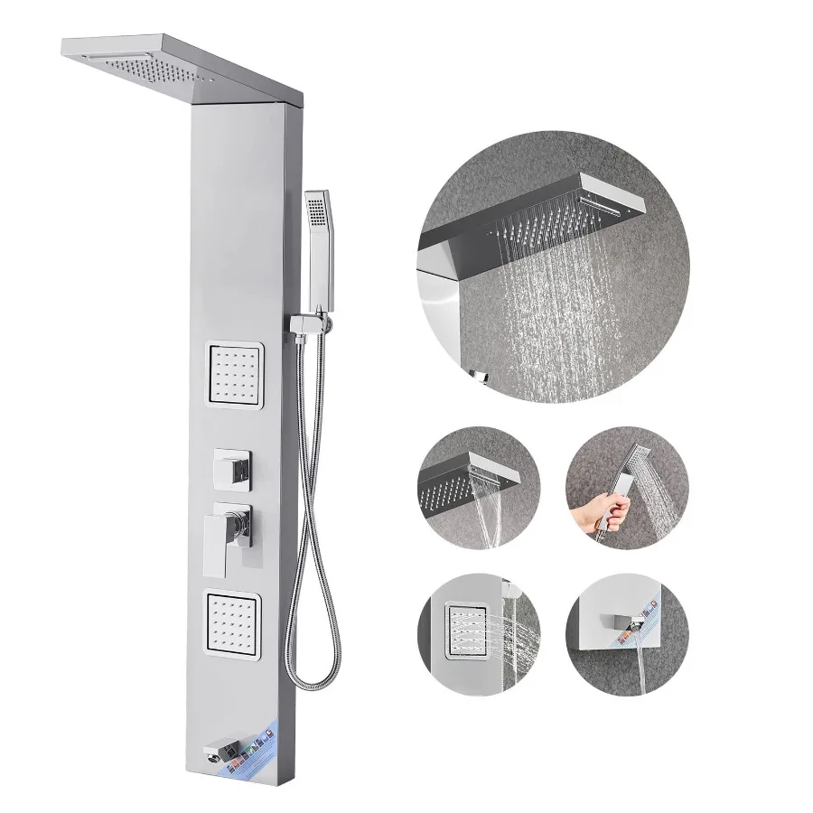

53-дюймовая башенная система для душевой панели из матовой нержавеющей стали с насадкой для душа с дождевой и водопадом, многофункциональный настенный смеситель