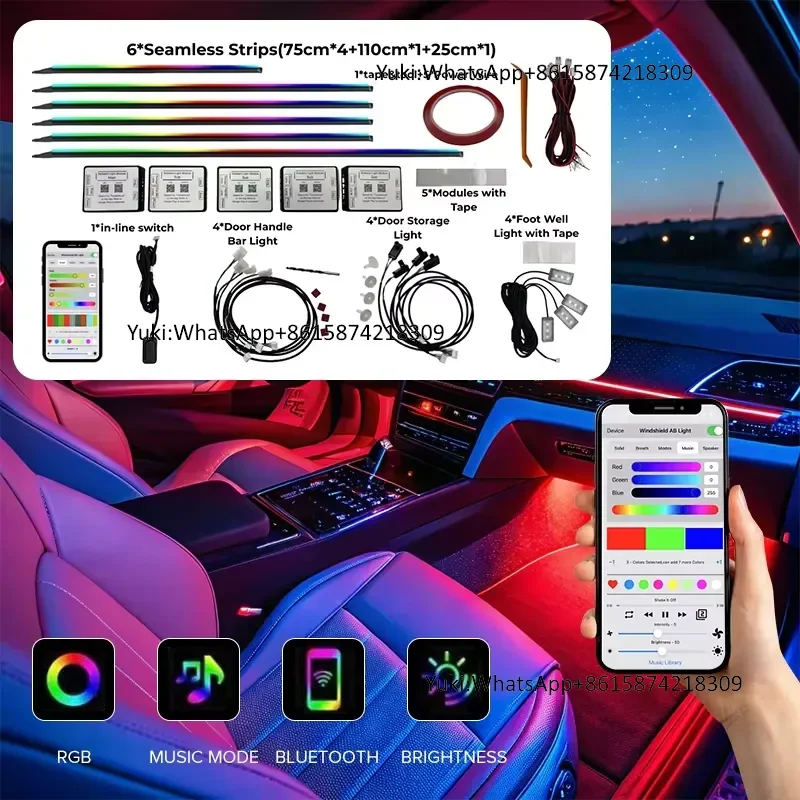 12V Symphony RGB LED Car Interior Atmosphere Light Bar Smart App Control Music Sync Ambient Lighting Strips