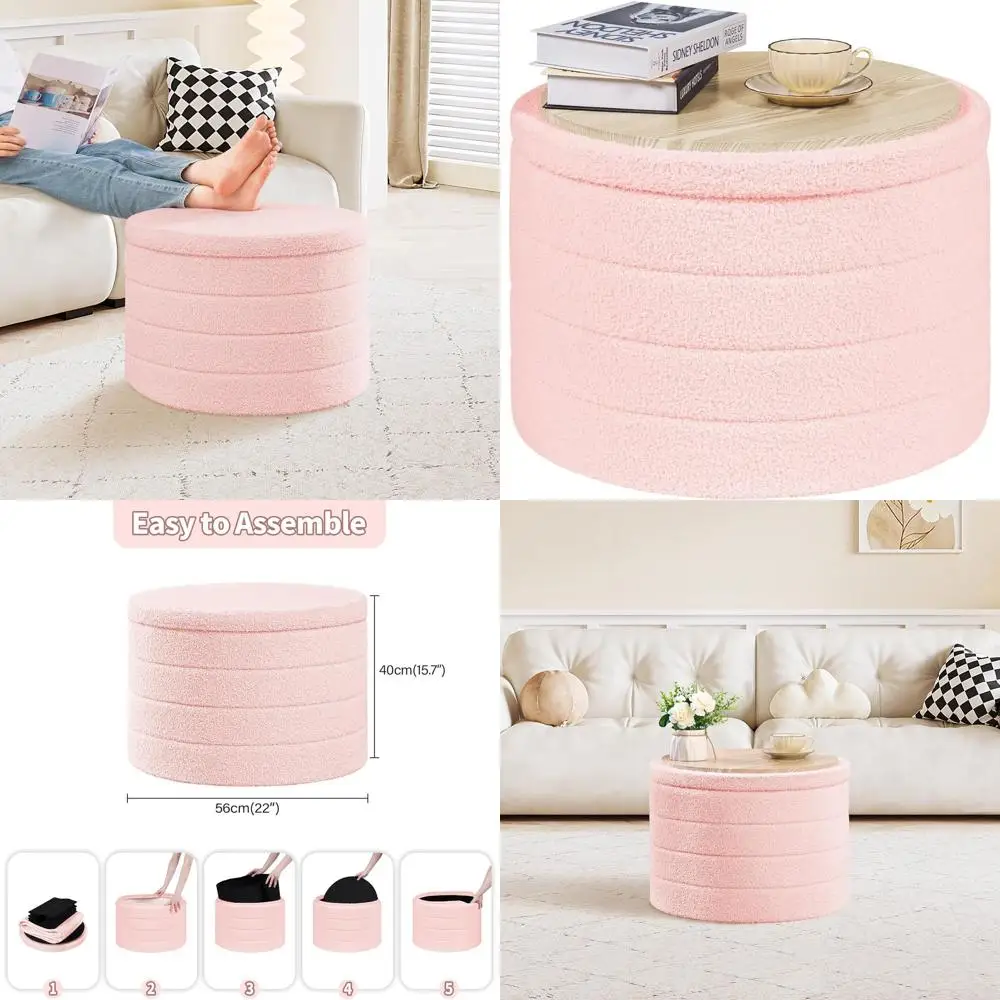 

Foldable Round Ottoman with Sherpa Stool and Tray, Pink for Living Room, Bedroom, Dorm Storage
