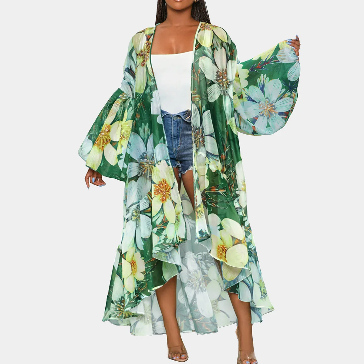 Shirts Women Lantern Sleeve Tees Open Stitch Tops Cardigan Print Loose Casual 2025 Summer Spliced Slight Strech Beach Top Y2k