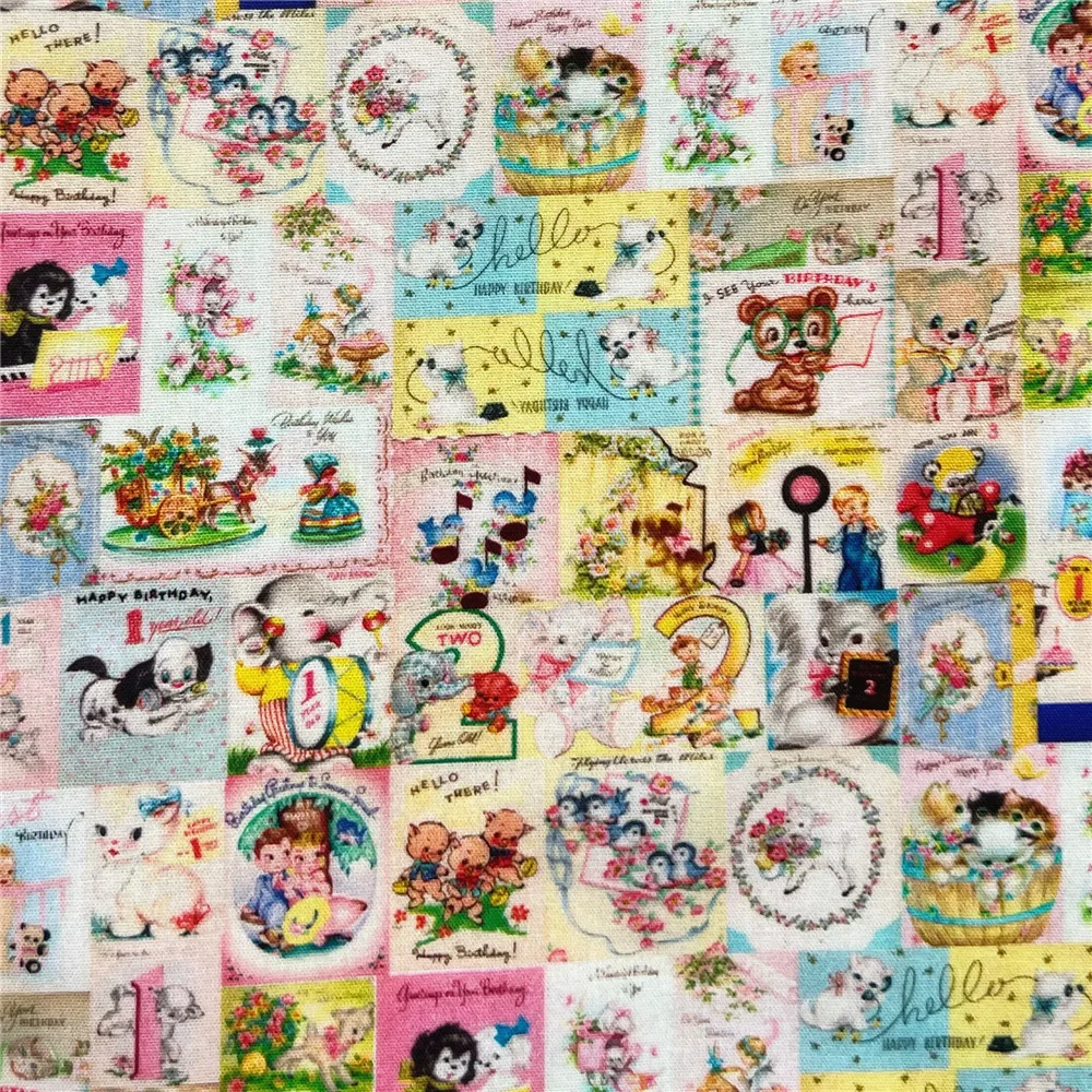 Vintage Showa Animal Card Cotton Fabric Cartoon Cloth Fabrics Sheet Printed Dress Sewing Needlework DIY Crafts Supplies