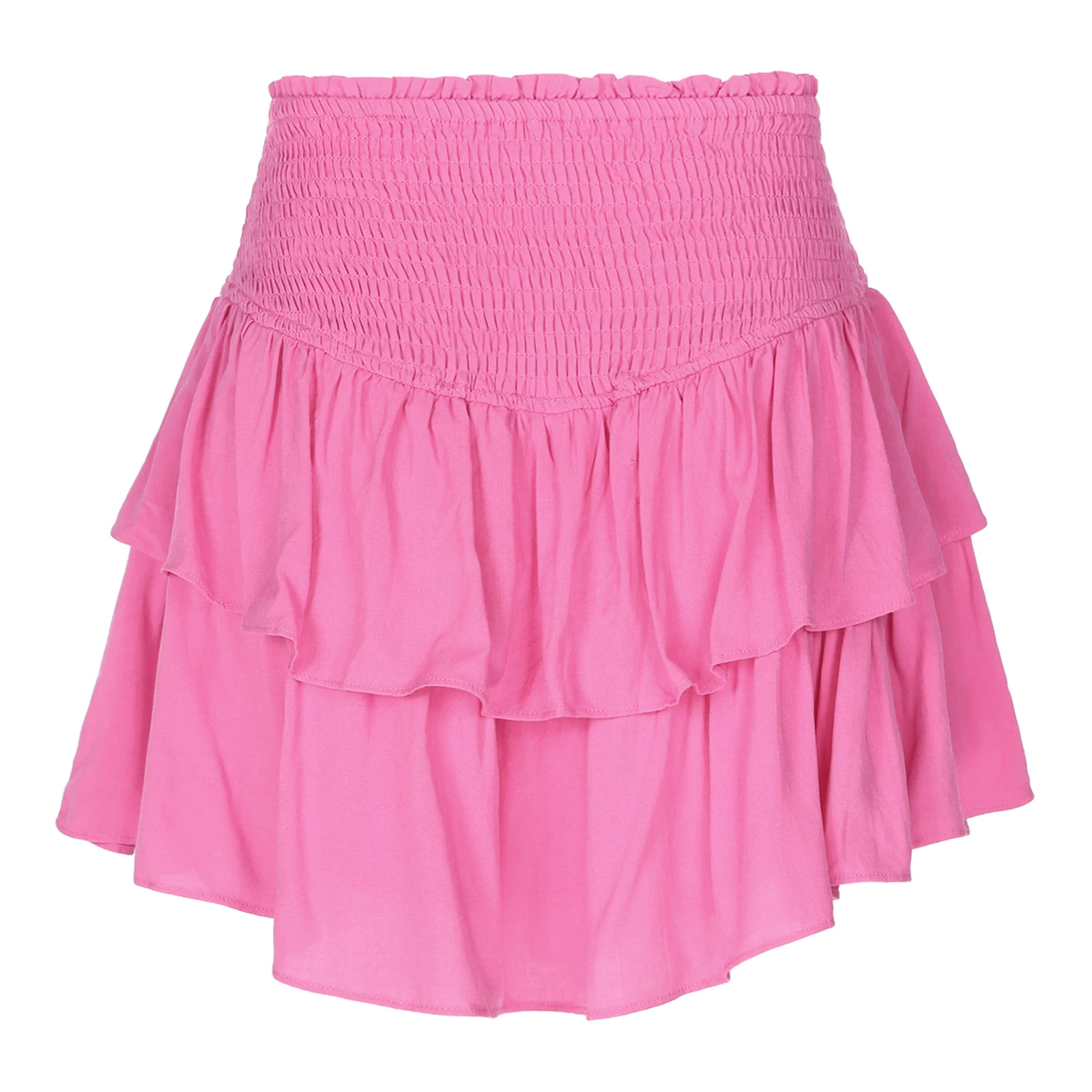 

Womens High Waist Ruffle Skirt Solid Color Shirring Elastic Waistband Skirts Built-In Shorts Layered Miniskirt