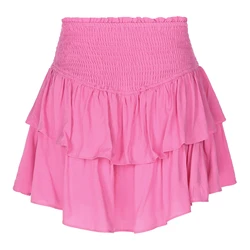 Womens High Waist Ruffle Skirt Solid Color Shirring Elastic Waistband Skirts Built-In Shorts Layered Miniskirt