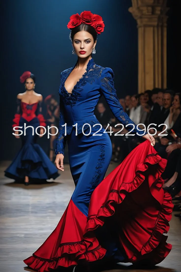 Customized  Royal Blue Red Mermaid Flamenco Prom Dresses Long Sleeve Pleated Ruched Long Sleeve Applique Evening Gown Dancing