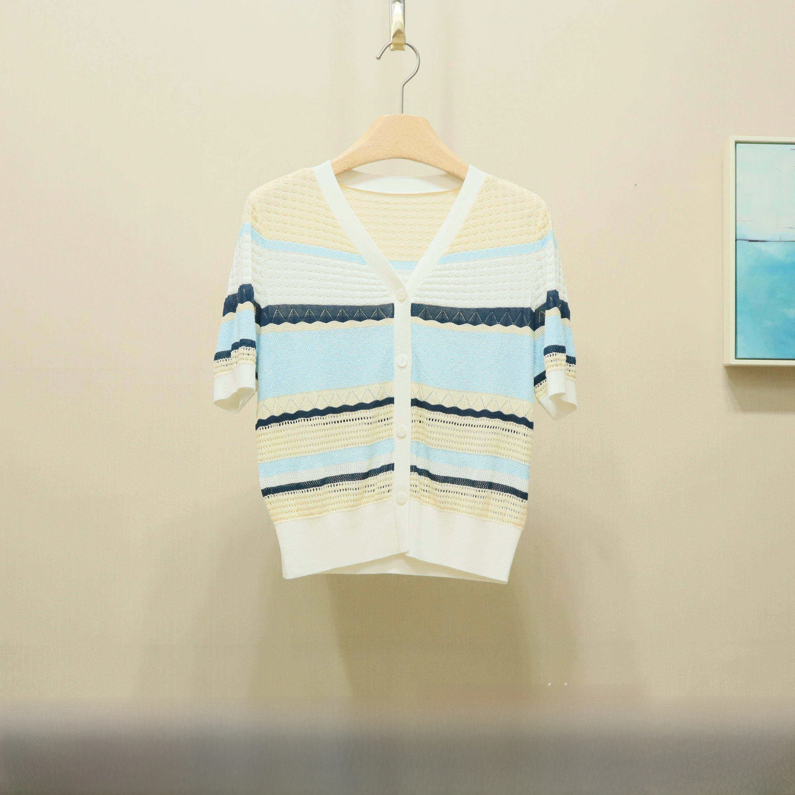 

Новый летний стиль: полосатый ажурный кардиган с V-образным вырезом, свободный крой, из хлопка и модала, с коротким рукавом, вязаный свитер для женщин