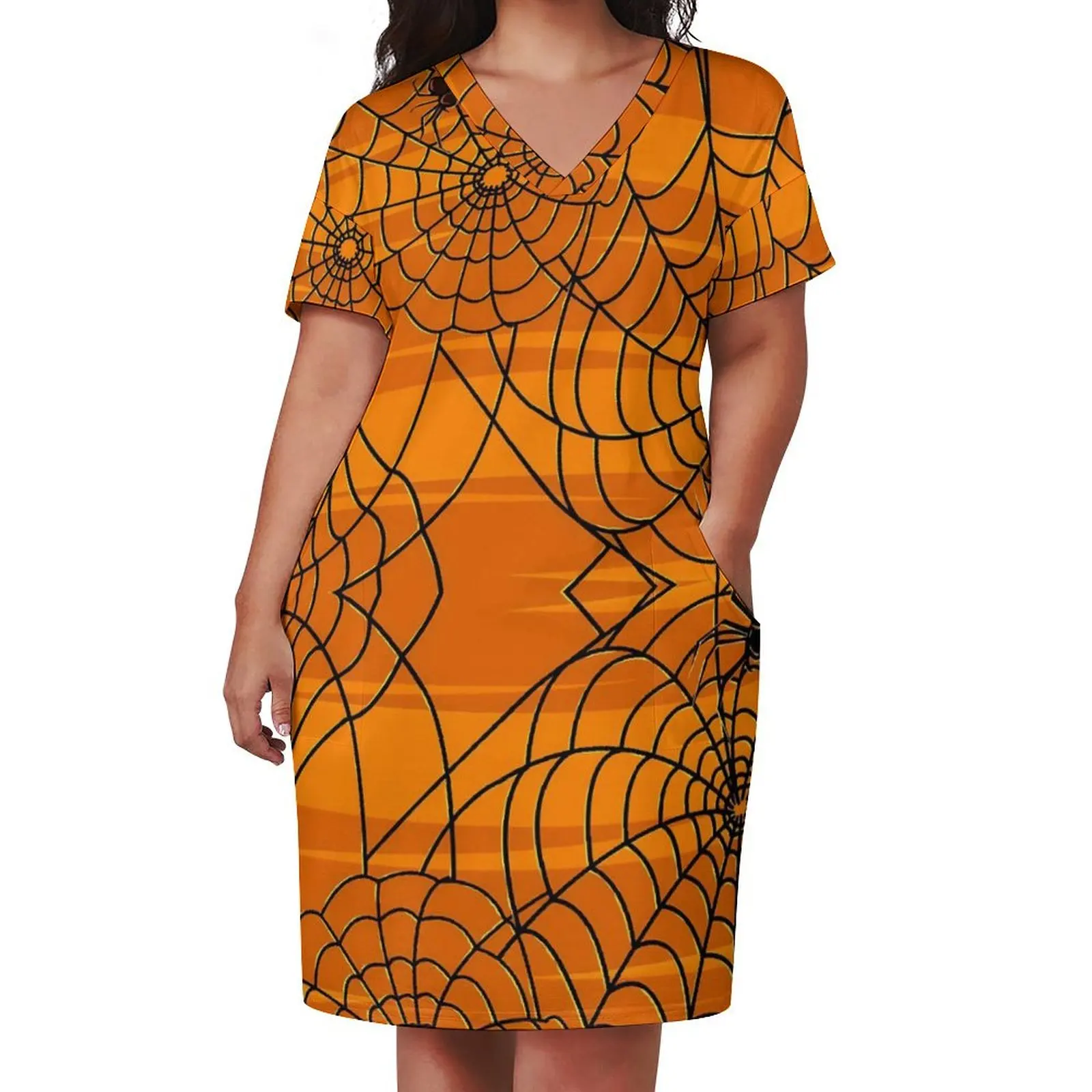 Fun Halloween Casual Dress Female Black and Orange Spider Web Cute Dresses Holiday V Neck Aesthetic Printed Dress Big Size