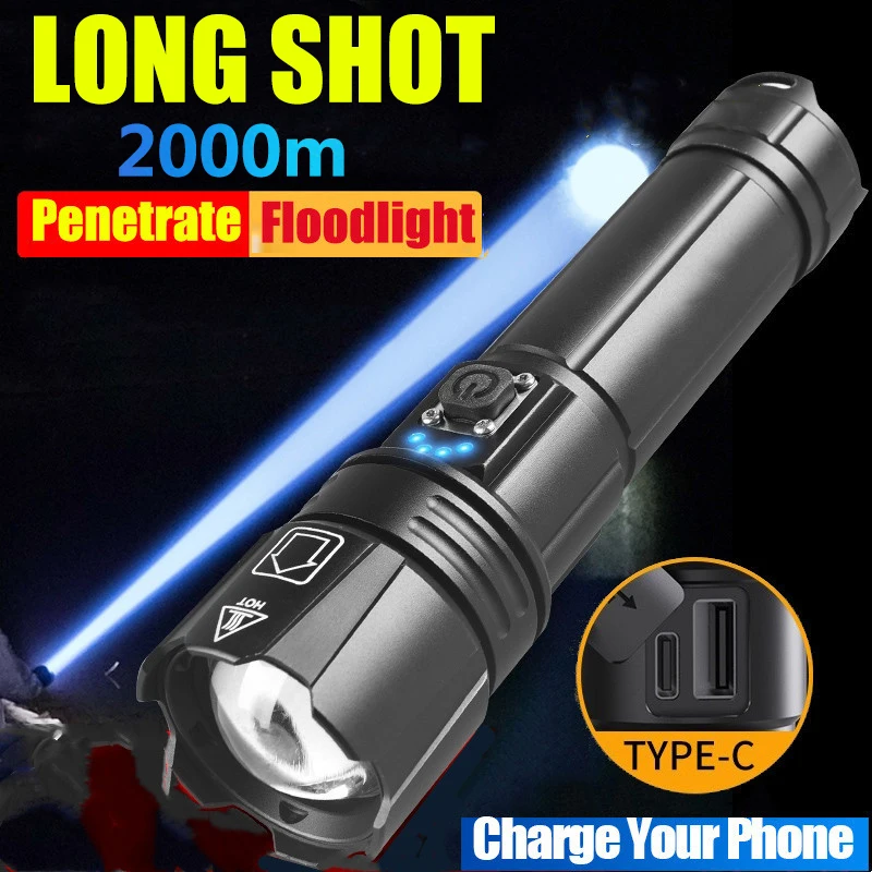 2000 Meters Shot Long Super LED Tactical Flashlight  USB Rechargeable Searching Spotlights 26650 Battery White LED Flashlight