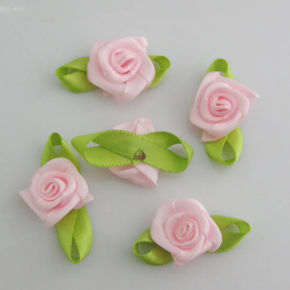 Medium Size About 20MM Rosettes 30Pcs Ribbon Flower With Leaf 35MM Headwear Accessories DIY Sewing Supplies