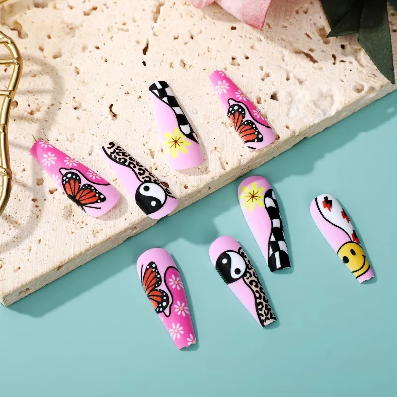 3D fake nails accessories butterfly smile face leopard printing long french coffin tips accessories press on false nail supplies