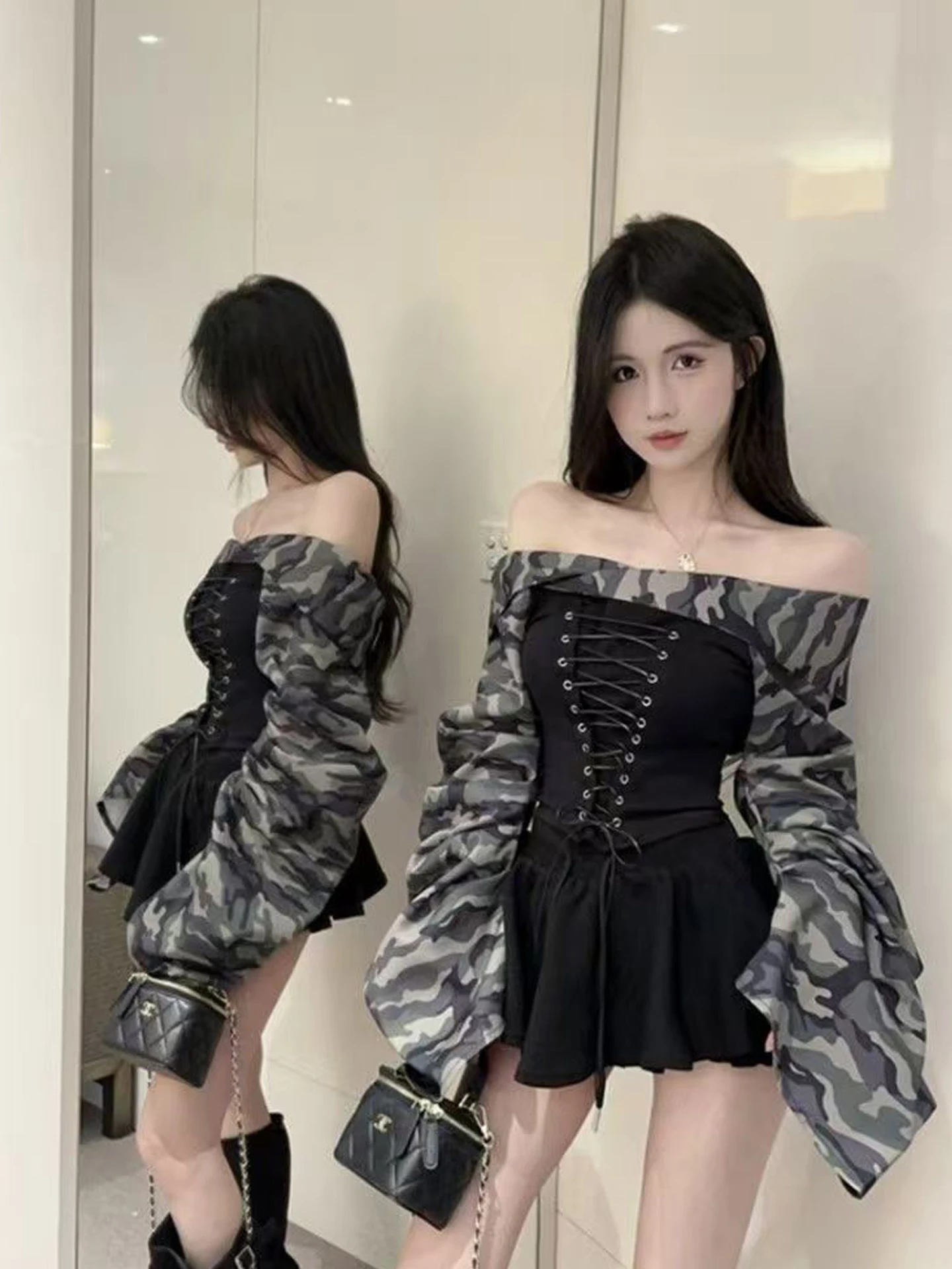 

Новый женский топ в американском стиле с камуфляжными вставками, рукавами-колокол и дизайнерским поясом на талии, укороченный, для создания модного образа