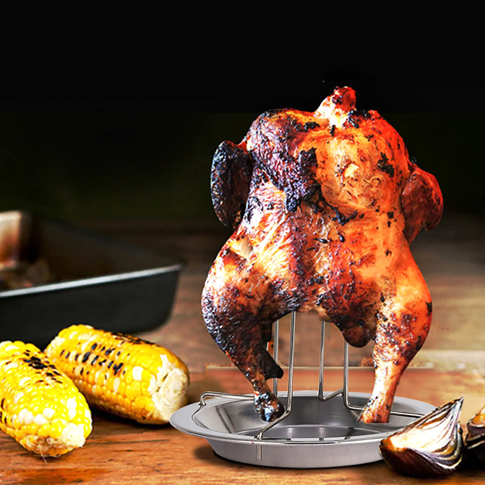 Chicken Roaster Rack With Bowl Carbon Steel Beer Can Chicken Turkey Roaster BBQ Grill Holder Tray Camping Bakeware