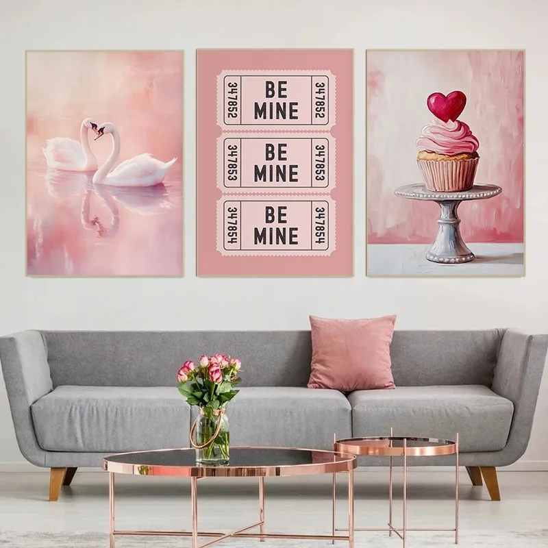 Unframe Romantic Pink Valentine's Day Poster Vintage Sweet Heart Swan Roses Canvas Painting Wall Art Picture for Living Room Hom